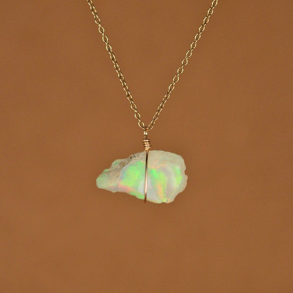 Opal necklace - raw opal - genuine opal - natural opal - a raw genuine opal wire wrapped onto a 14k gold filled chain