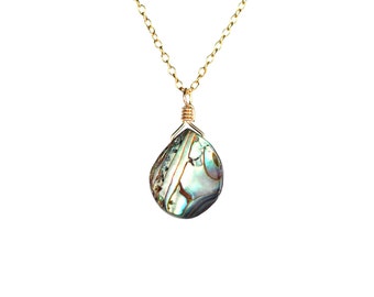 Abalone necklace, rainbow sea shell necklace, teardrop pendant, a wire wrapped abalone shell on a 14k gold filled chain