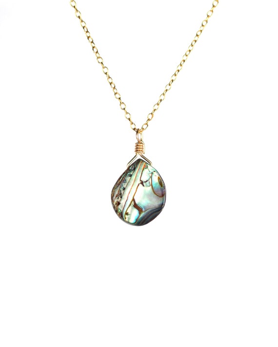 Abalone necklace, rainbow sea shell necklace, teardrop pendant, a wire wrapped abalone shell on a 14k gold filled chain