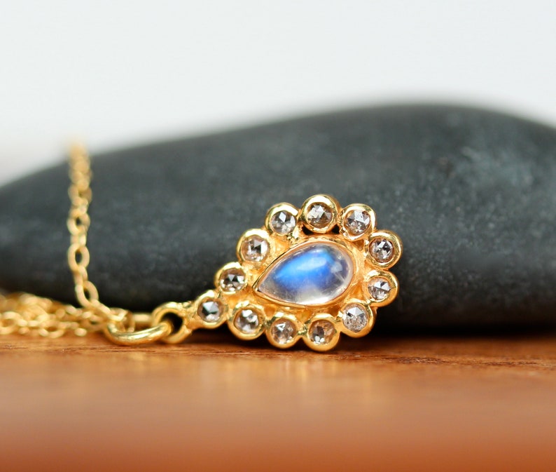 Diamond and moonstone necklace teardrop necklace diamond necklace 18k gold moonstone necklace wedding necklace
