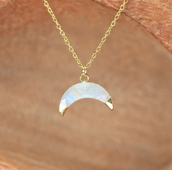 Moonstone necklace, crescent necklace, double horn necklace, half moon pendant, June birthstone, crystal necklace, 14k gold filled necklace