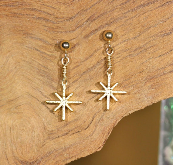 Starburst earrings, celestial earrings, gold star earrings, snowflake earrings, dainty earrings, art deco earrings, north star jewelry