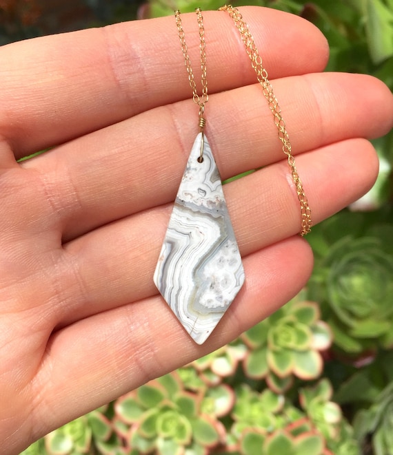 Agate necklace, Crazy lace agate kite pendant, dainty 14k gold filled chain, boho jewelry, healing gray agate stone