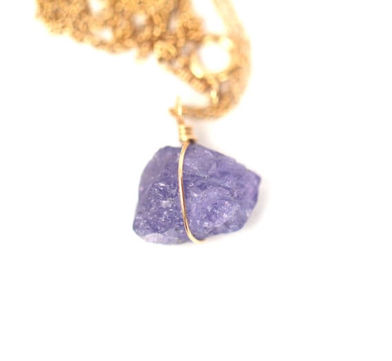 Tanzanite necklace - purple crystal necklace - A wire wrapped raw purple tanzanite hangs from a 14k gold filled chain