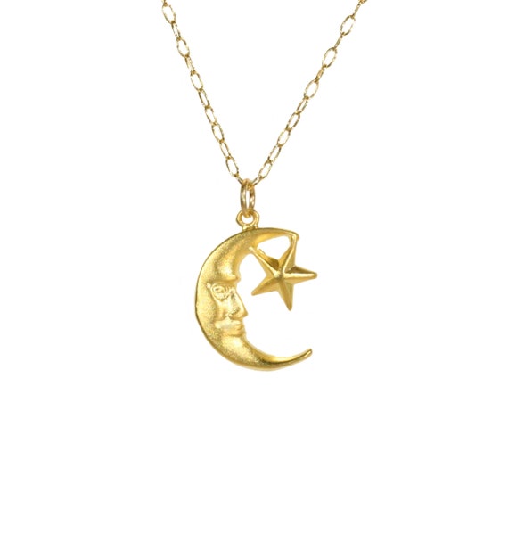 Moon and star necklace, moon necklace, celestial necklace, gold moon jewelry, crescent moon and star pendant, gift for her, boho necklace