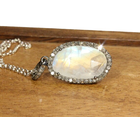 Diamond pendant necklace, rainbow moonstone necklace, pave diamond necklace, June birthstone, April birthstone, healing crystal necklace