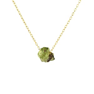 Green garnet necklace, raw crystal necklace, heart chakra, January birthstone, a raw green garnet hanging on a 14k gold filled chain 22C image 1