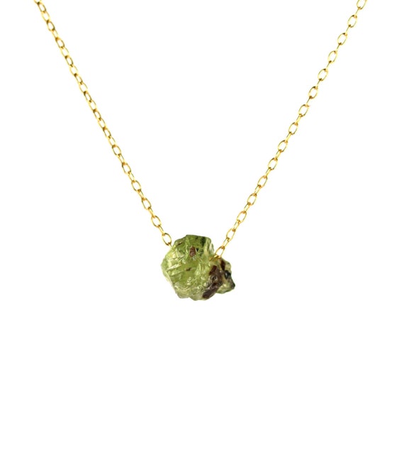 Green garnet necklace, raw crystal necklace, heart chakra, January birthstone, a raw green garnet hanging on a 14k gold filled chain -22C