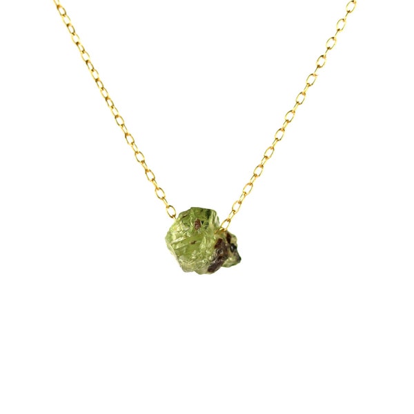 Green garnet necklace, raw crystal necklace, heart chakra, January birthstone, a raw green garnet hanging on a 14k gold filled chain -22C