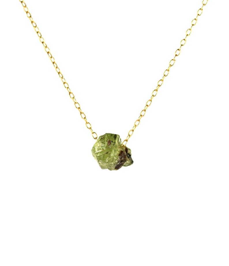Green garnet necklace, raw crystal necklace, heart chakra, January birthstone, a raw green garnet hanging on a 14k gold filled chain 22C image 1
