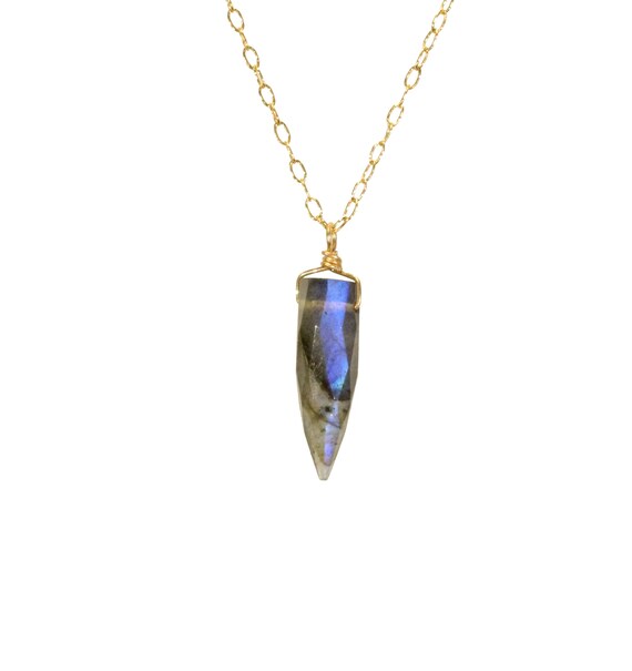 Labradorite necklace, blue crystal spike necklace, rainbow moonstone pendant, dainty 14k gold filled necklace, rainbow gem