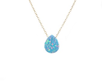 Opal Teardrop Necklace: Tropical Aqua Blue Ocean Pendant, 14k Gold Filled Chain