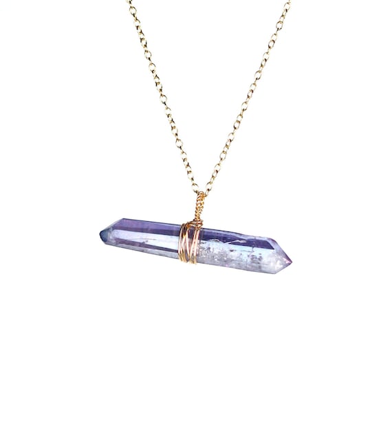 Aura quartz necklace, blue crystal necklace, aqua aura pendant, healing crystal jewelry, a tanzanite aura wand on a 14k gold filled chain