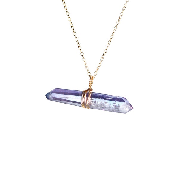 Aura quartz necklace, blue crystal necklace, aqua aura pendant, healing crystal jewelry, a tanzanite aura wand on a 14k gold filled chain