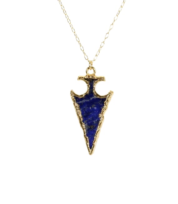 Gold arrow necklace, lapis lazuli spear pendant, blue arrowhead spike jewelry, 14k gold filled chain