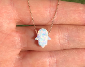 Colar Hamsa: Pingente Mão de Deus em Opala, Amuleto da Sorte, Corrente em Ouro 14K