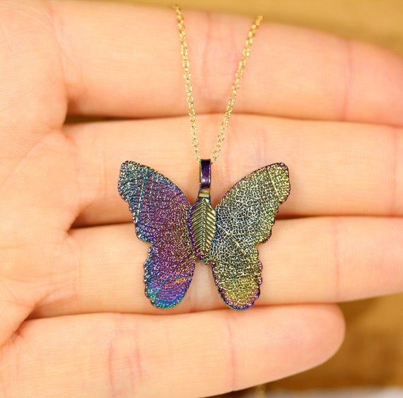 Butterfly necklace - rainbow necklace - leaf cutout - real leaf necklace - monarch butterfly necklace - whimsical necklace