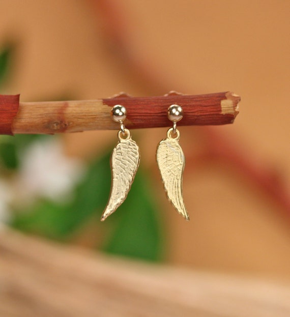 Gold wing earrings, tiny wing earrings, gold fairy wings, guradian angel earrings, cupid wings - gift under 20