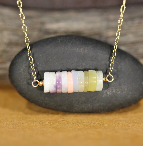 African opal necklace, ombre necklace, opal bar necklace, row of opals, pink opal necklace, healing stone jewelry, 14k gold filled necklace