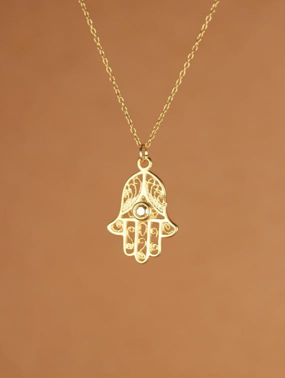 Hamsa necklace, gold hamsa charm, protection, amulet, hold hand pendant, a filigree style 14k gold vermeil hamsa on a 14k gold filled chain