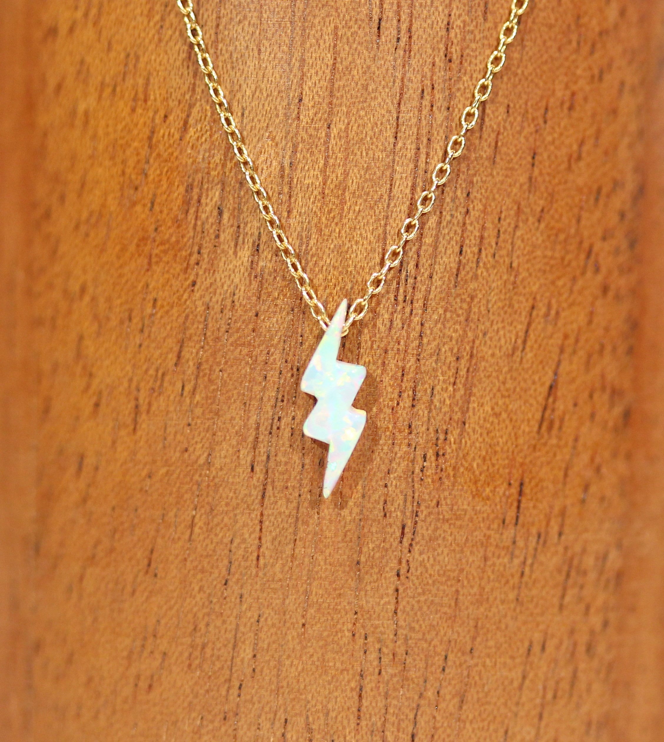 Tiny lightning bolt necklace, opal lightning bolt, small thunderbolt