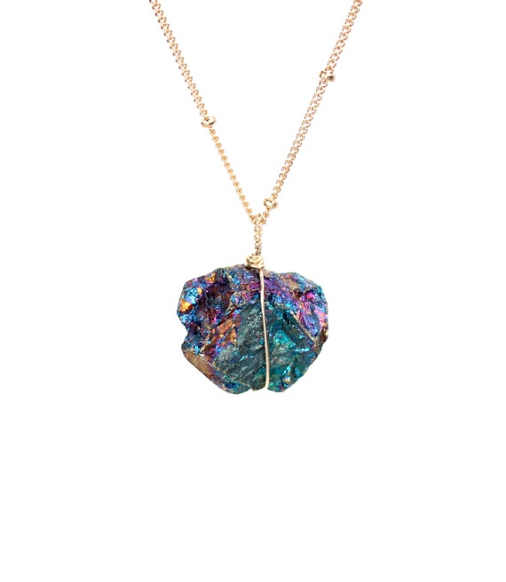 Bornite necklace, peacock ore necklace, chalcopyrite necklace, rainbow stone necklace, a raw peacock ore on a 14k gold filled chain