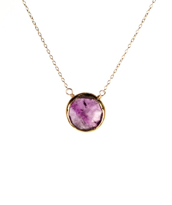 Amethyst necklace, February birthstone pendant, amethyst crystal necklace, gold disc necklace, purple crystal healing jewelry