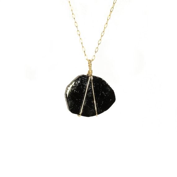 Chunky black tourmaline necklace, healing chakra crystal pendant, a black crystal on a 14k gold filled chain
