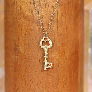 Key necklace, gold necklace necklace, tiny gold skeleton key, best friends necklace, a 14k gold vermeil key on a 14k gold filled chain