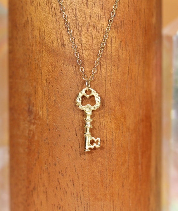 Key necklace, gold necklace necklace, tiny gold skeleton key, best friends necklace, a 14k gold vermeil key on a 14k gold filled chain