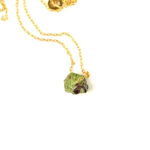 Green garnet necklace, raw crystal necklace, heart chakra, January birthstone, a raw green garnet hanging on a 14k gold filled chain 22C image 2