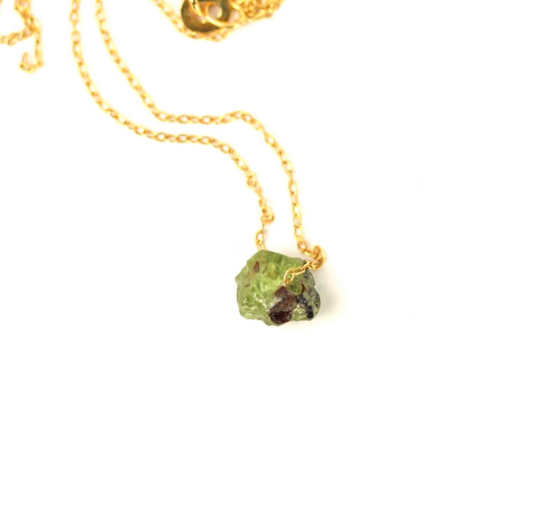 Green garnet necklace, raw crystal necklace, heart chakra, January birthstone, a raw green garnet hanging on a 14k gold filled chain 22C image 2