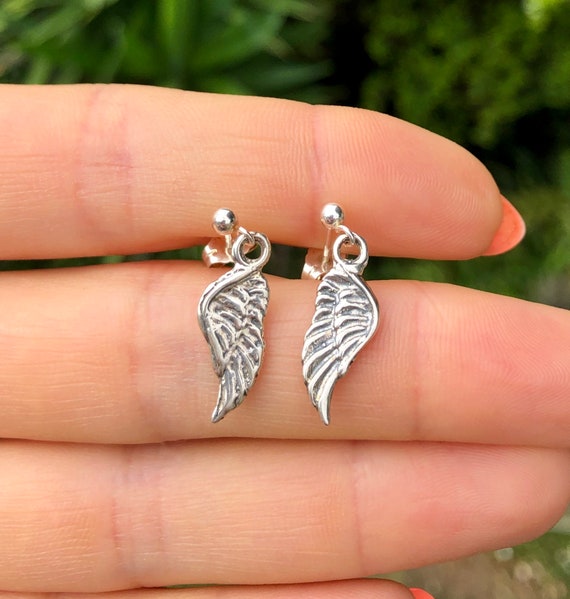 Silver wing earrings, angels wing stud earrings, guardian angel, dangle earrings, silver studs, gift for her