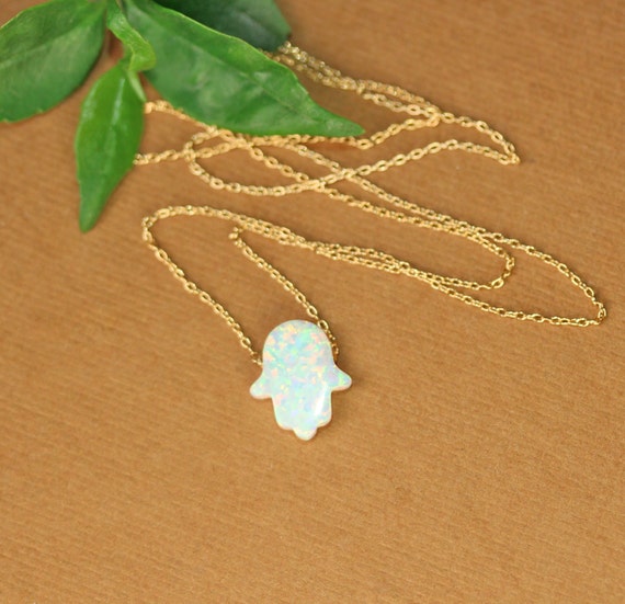 Opal hamsa necklace - hamsa necklace - good luck charm - hand of god - kaballah - pink opal - gold hamsa necklace - silver hamsa necklace