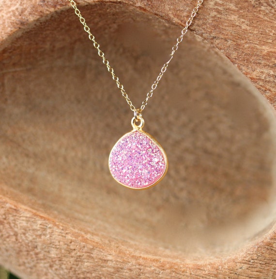 Druzy necklace, fairy necklace, raw crystal necklace, raw crystal pendant, pink druzy, a gold vermeil bezel druzy on a 14k gold filled chain