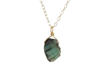 Raw Emerald Slice Necklace: 14k Gold Filled Chain, Heart Chakra