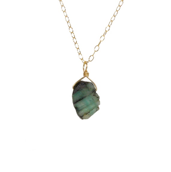 Raw Emerald 14k gold filled necklace, natural green crystal pendant, heart chakra, dainty gold chain, African emerald necklace