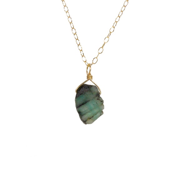 Emerald Necklace, a raw green emerald slice on a dainty 14k gold filled chain, heart chakra jewelry