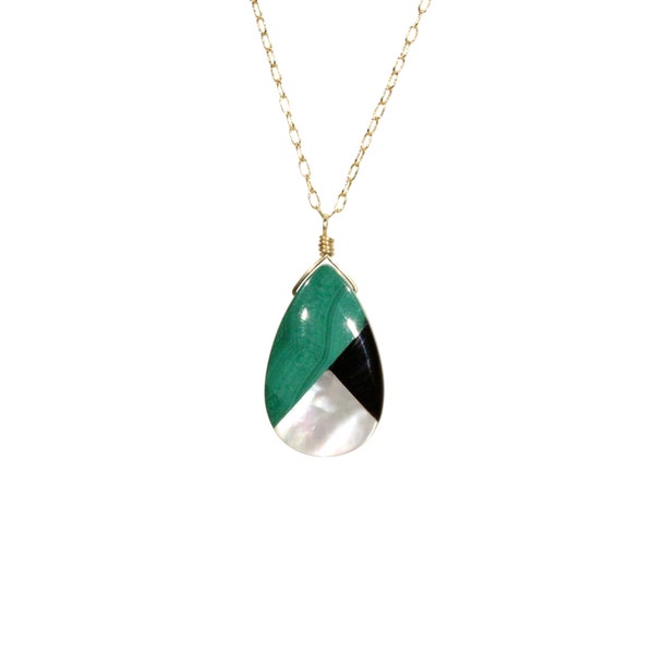 Malachite necklace with black onyx and mother of pearl, statement necklace, multi color teardrop pendant, healing stone, 14k gold filled