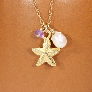 Starfish and pearl necklace, beach necklace, tropical, gold sea star pendant, surfer, ocean lover, amethyst necklace, 14k gold filled chain