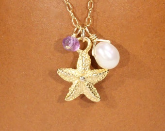 Starfish and pearl necklace, beach necklace, tropical, gold sea star pendant, surfer, ocean lover, amethyst necklace, 14k gold filled chain
