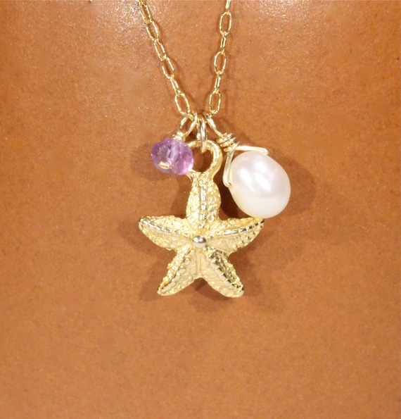 Starfish and pearl necklace, beach necklace, tropical, gold sea star pendant, surfer, ocean lover, amethyst necklace, 14k gold filled chain