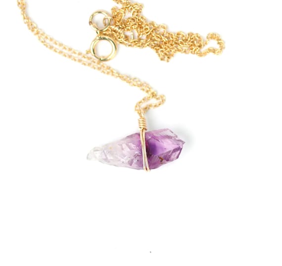 Raw amethyst necklace, healing crystal necklace, February birthstone, a purple amethyst crystal wire wrapped onto a 14k gold filled chain