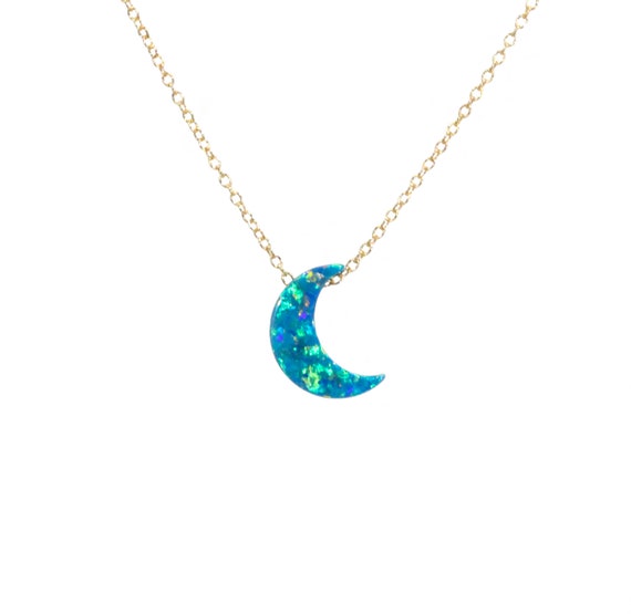 Moon necklace, celestial necklace, crescent moon jewelry, green opal moon, a crescent aqua moon on a dainty 14k gold filled chain