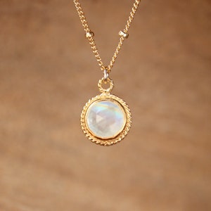 Rainbow moonstone necklace, crystal necklace, June birthstone jewelry, gold bezel moonstone, 14k gold filled chain - MN3