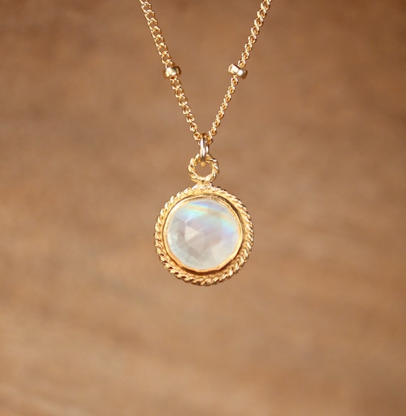 Rainbow moonstone necklace, crystal necklace, June birthstone jewelry, gold bezel moonstone, 14k gold filled chain - MN3