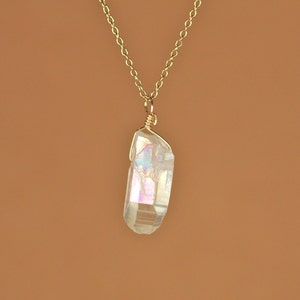 Crystal necklace - angel aura - quartz crystal - aura crystal -  A wire wrapped aura quartz on a 14k gold filled or sterling silver chain