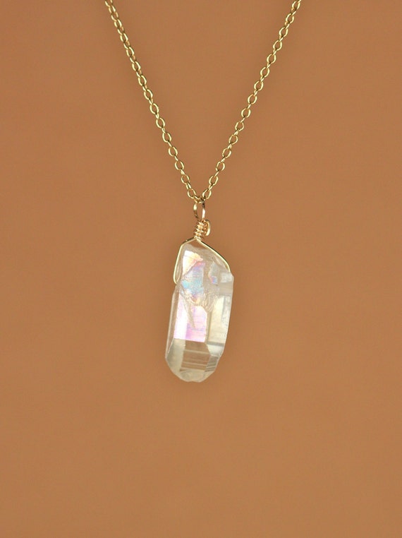 Crystal necklace - angel aura - quartz crystal - aura crystal -  A wire wrapped aura quartz on a 14k gold filled or sterling silver chain