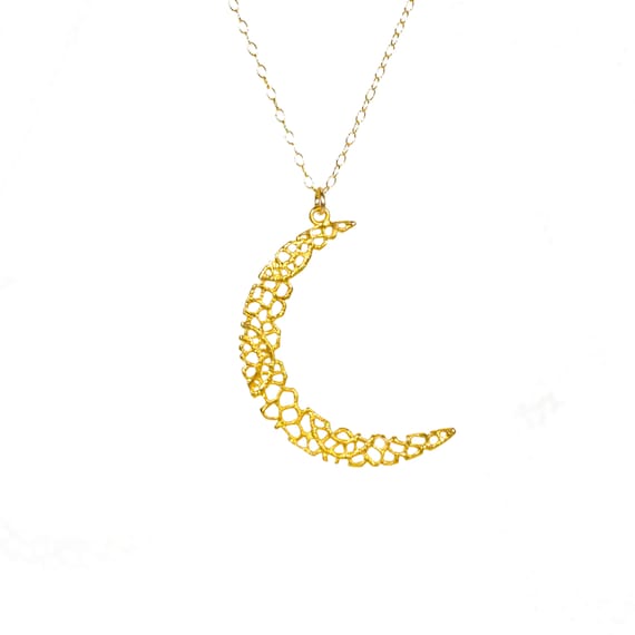 Gold moon necklace, filigree crescent moon pendant, celestial necklace, moon jewelry, lunar necklace, 14k gold filled chain