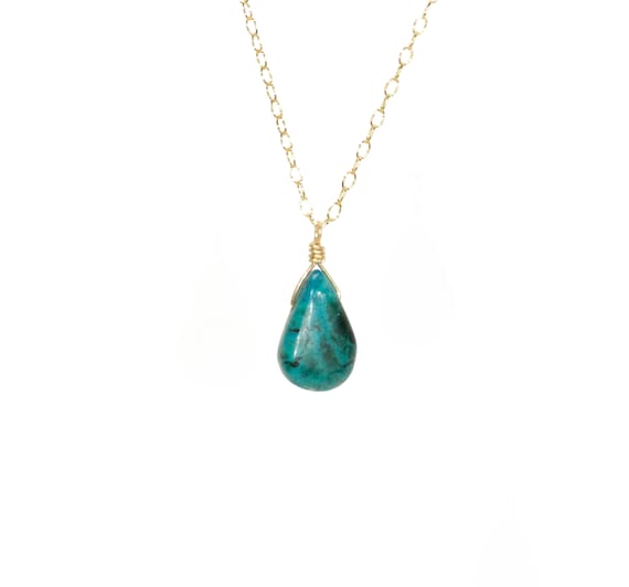 Dainty green drop necklace, Chrysocolla pendant, small teardrop necklace, chakra healing crystal, 14k gold filled chain